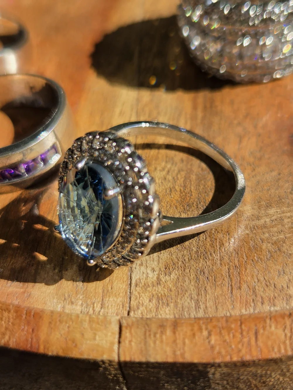 Silver Tone Multi-Stone  Ring - Sparkling Clear and Blue Accents